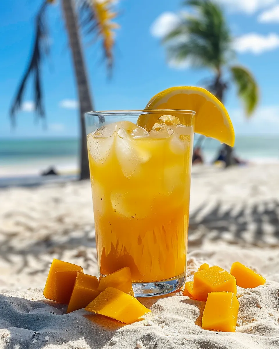 Ein Glas Mango-Limonade am Strand.
