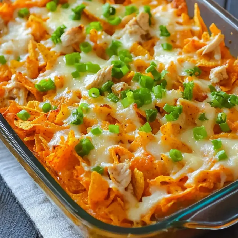 Ein Teller Doritos-Auflauf mit Hähnchen.