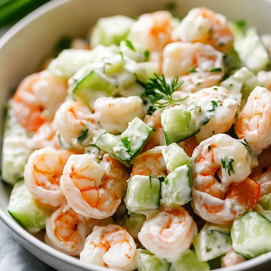 Eine Schüssel mit Garnelensalat, Gurke und Limette.