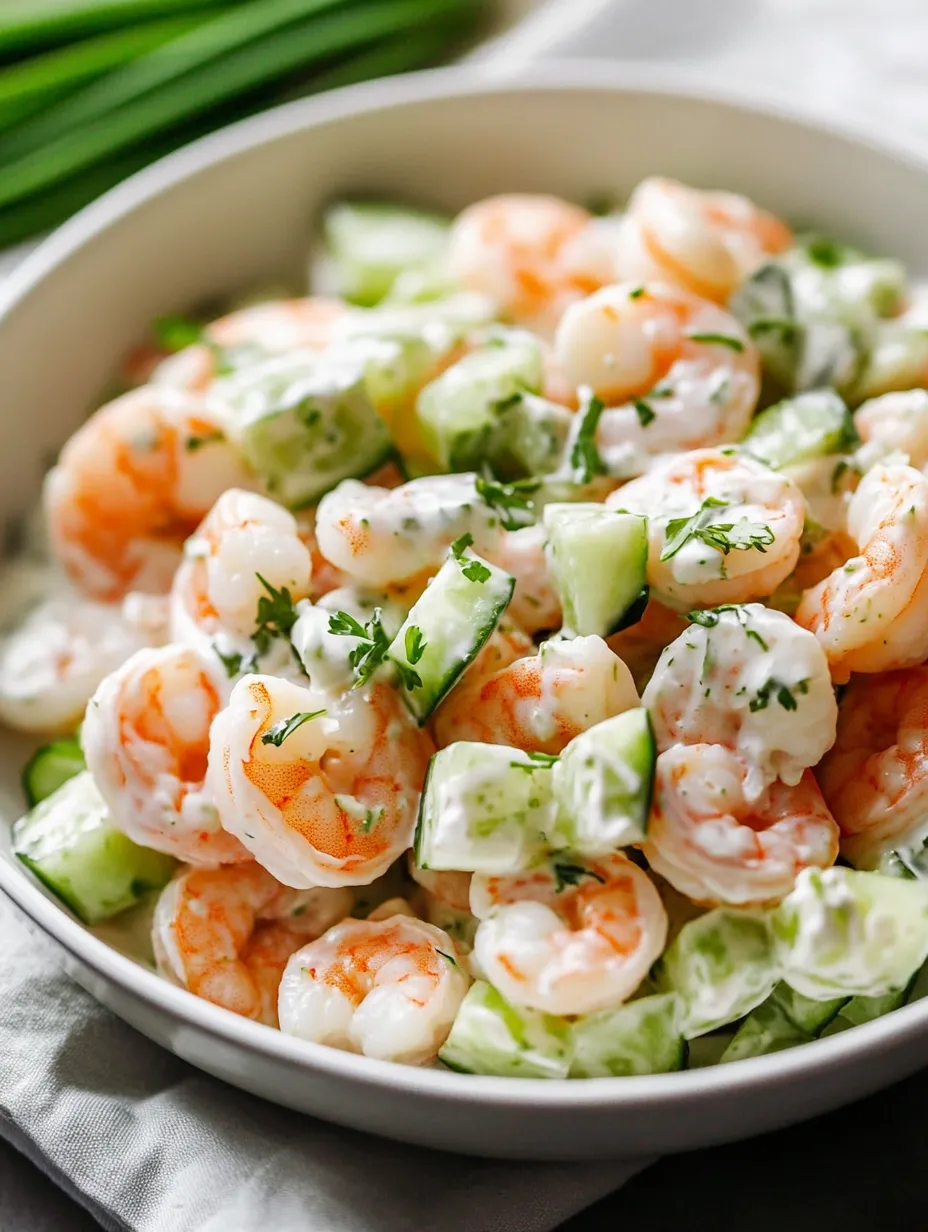 Eine Schüssel voller Garnelen-Gurken-Salat mit Limette.