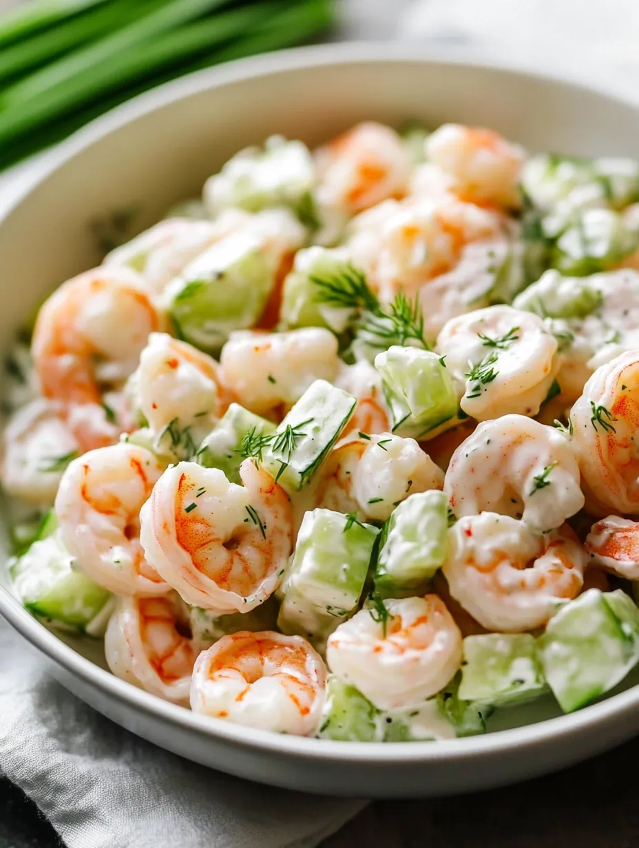 Eine Schüssel voller Garnelen-Gurken-Salat mit Limette.