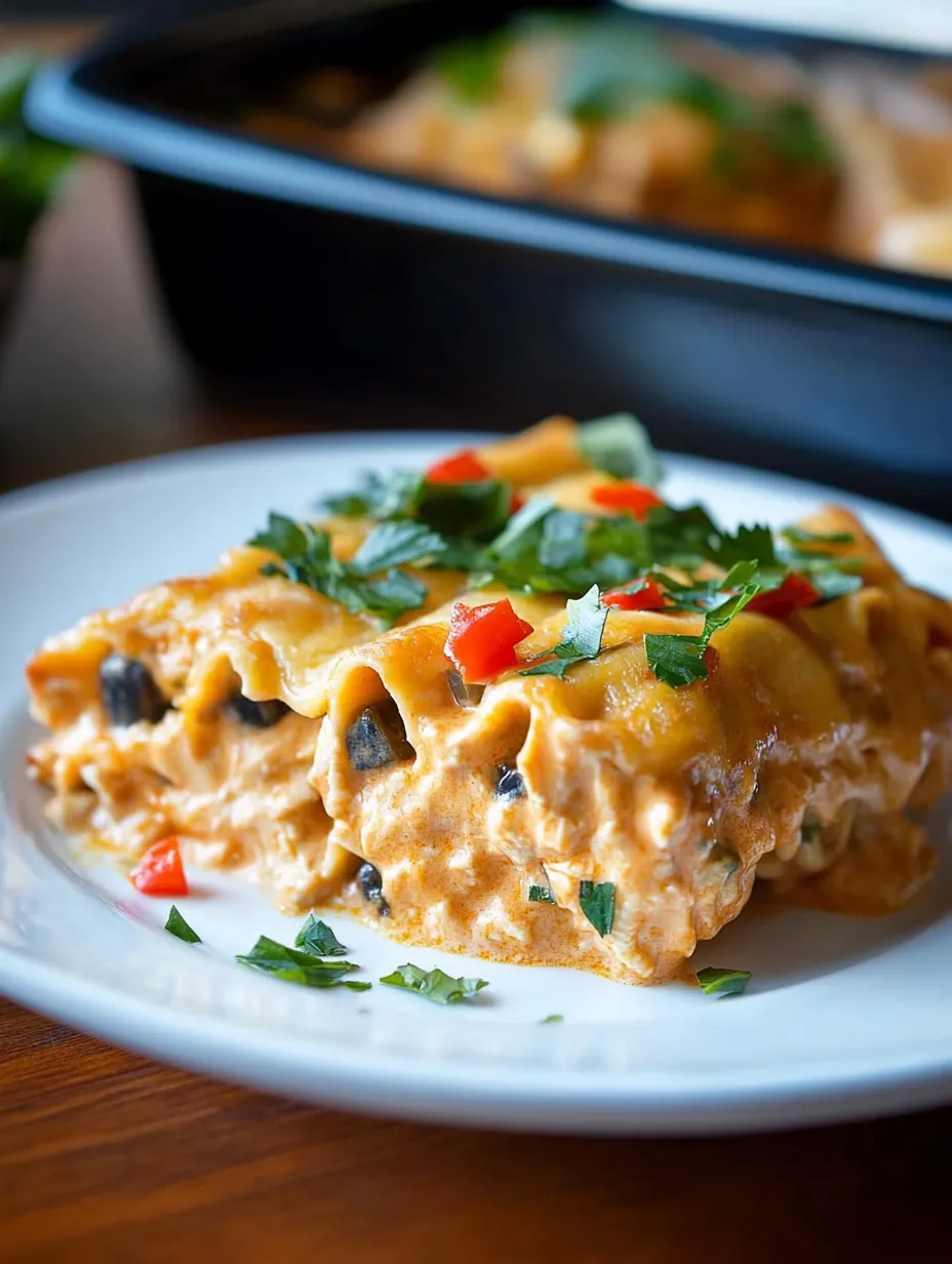 Ein weißer Teller mit Southwest Chicken Lasagna Roll Ups.