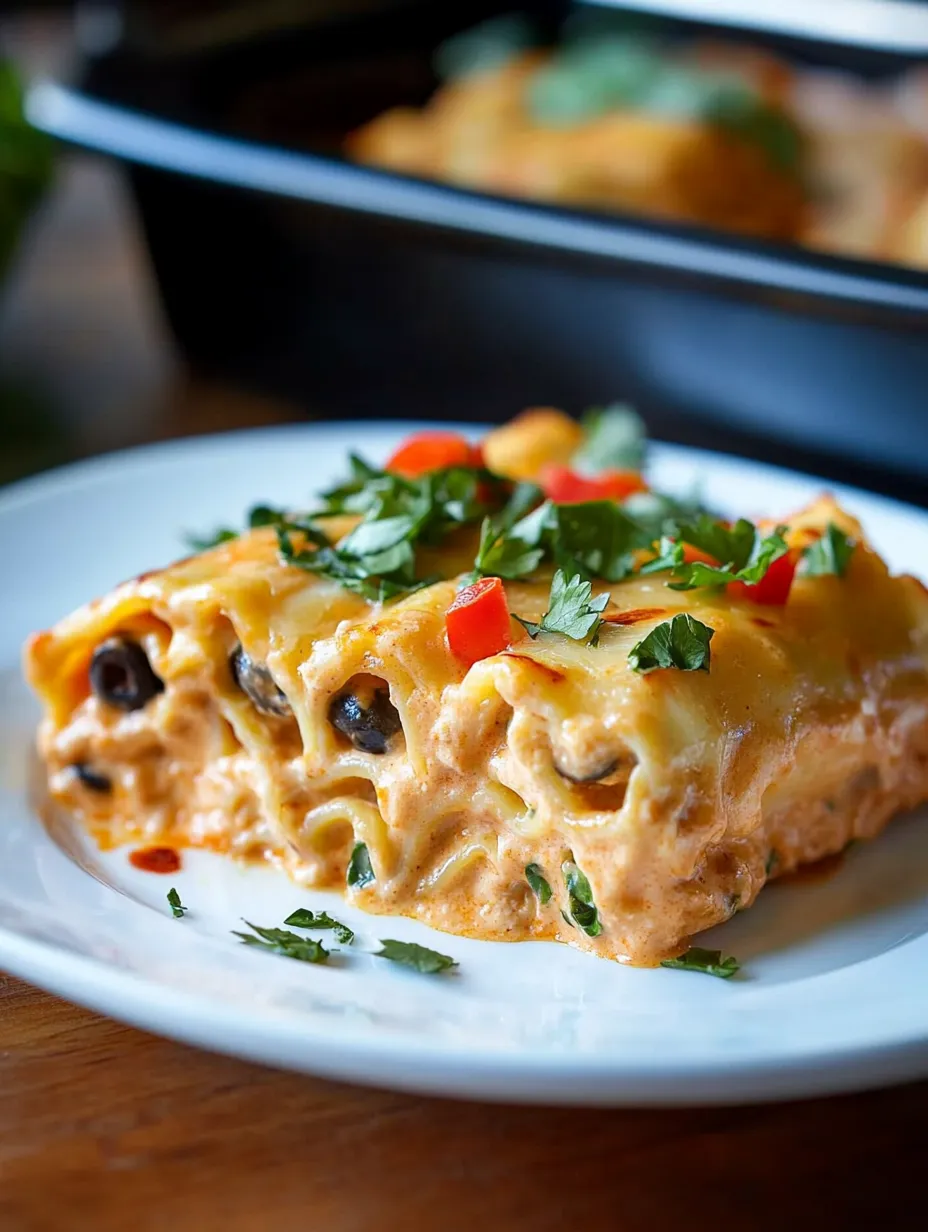Ein weißer Teller mit Southwest Chicken Lasagna Roll Ups.