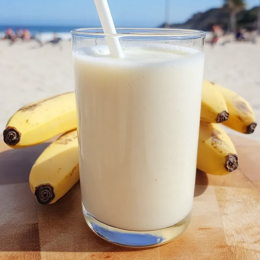 Ein Glas koreanische Bananenmilch steht auf dem Tisch.