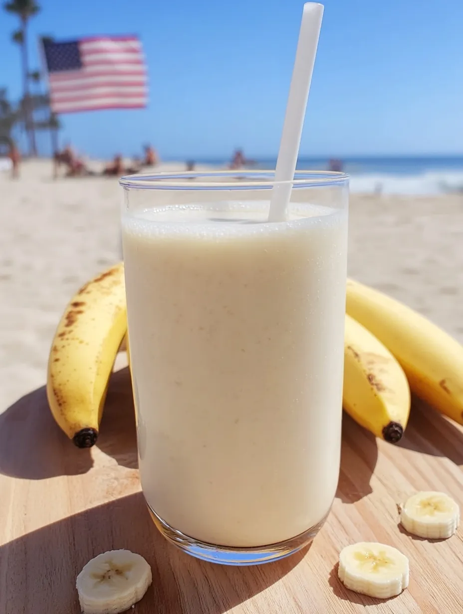 Ein Glas koreanische Bananenmilch steht auf einem Tisch.