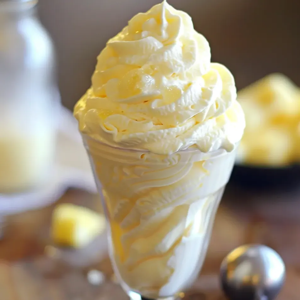 Ein Glas cremiger Ananas Whip mit Jus.