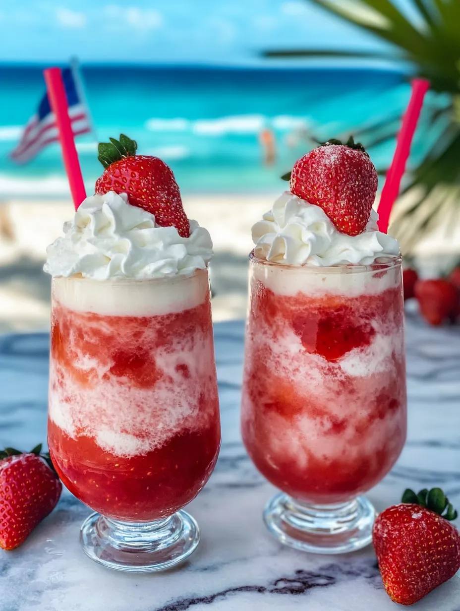 Zwei Gläser mit gefrorenem Erdbeer-Sahne-Daiquiri.