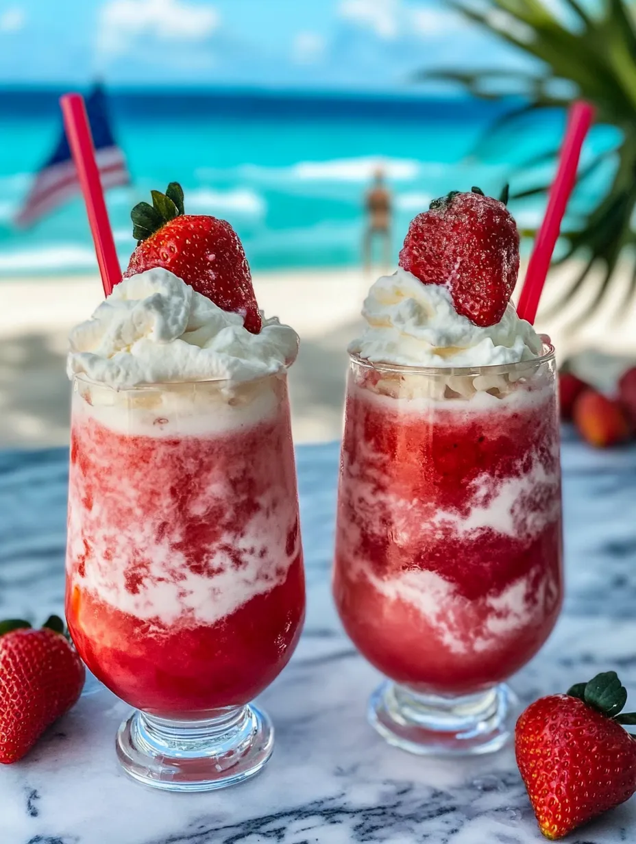 Zwei Gläser mit gefrorenem Erdbeer-Sahne-Daiquiri.