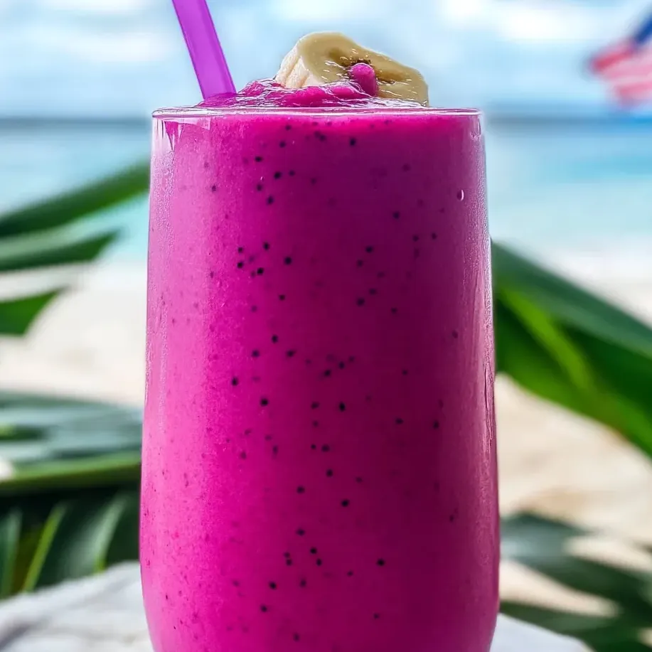 Ein pinker Smoothie mit lila Strohhalm.