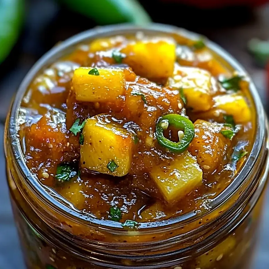 Ein Glas mit scharfem Ananas Jalapeño Chutney.