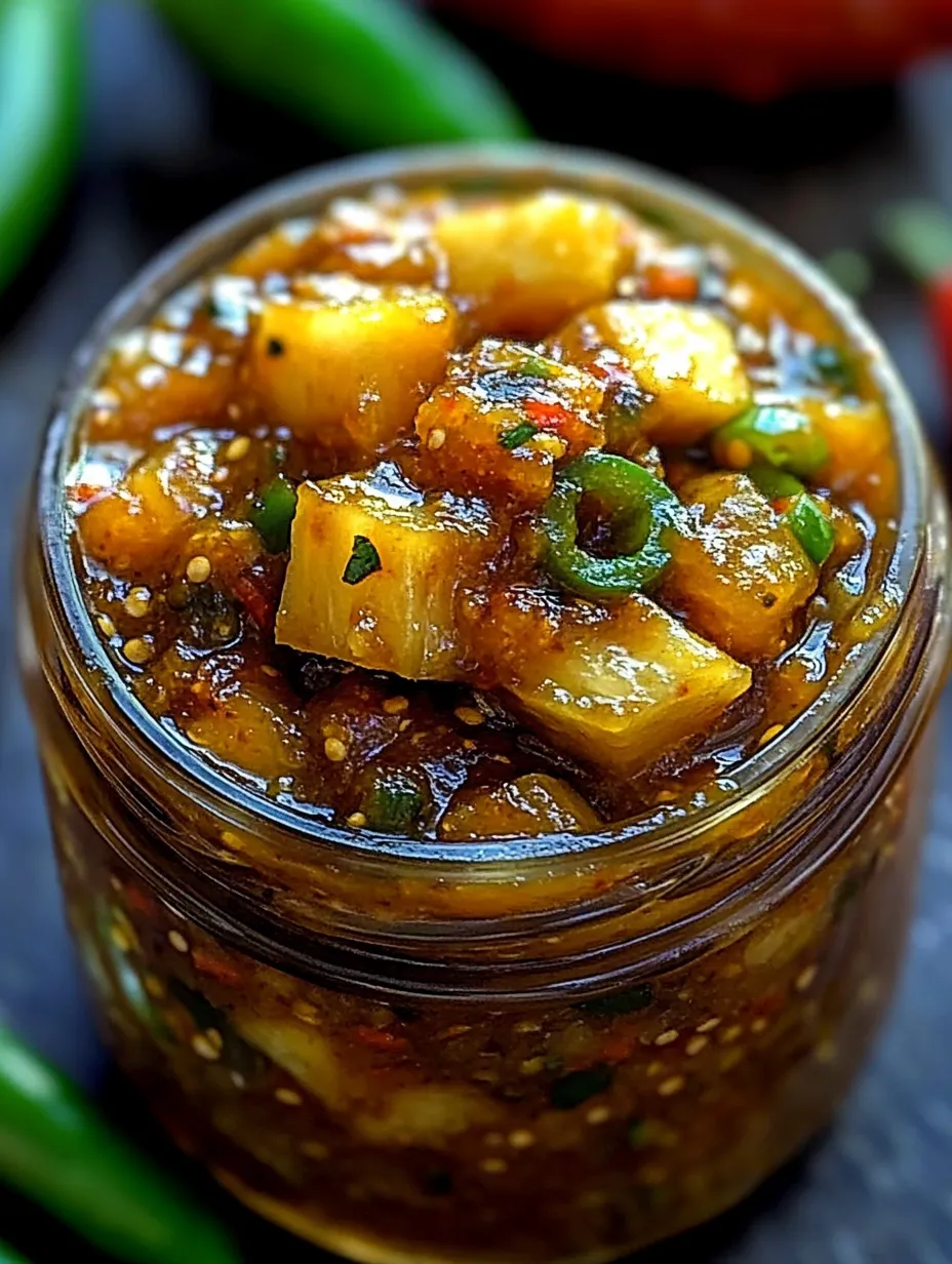 Ein Glas mit würzigem Ananas-Jalapeño-Chutney.