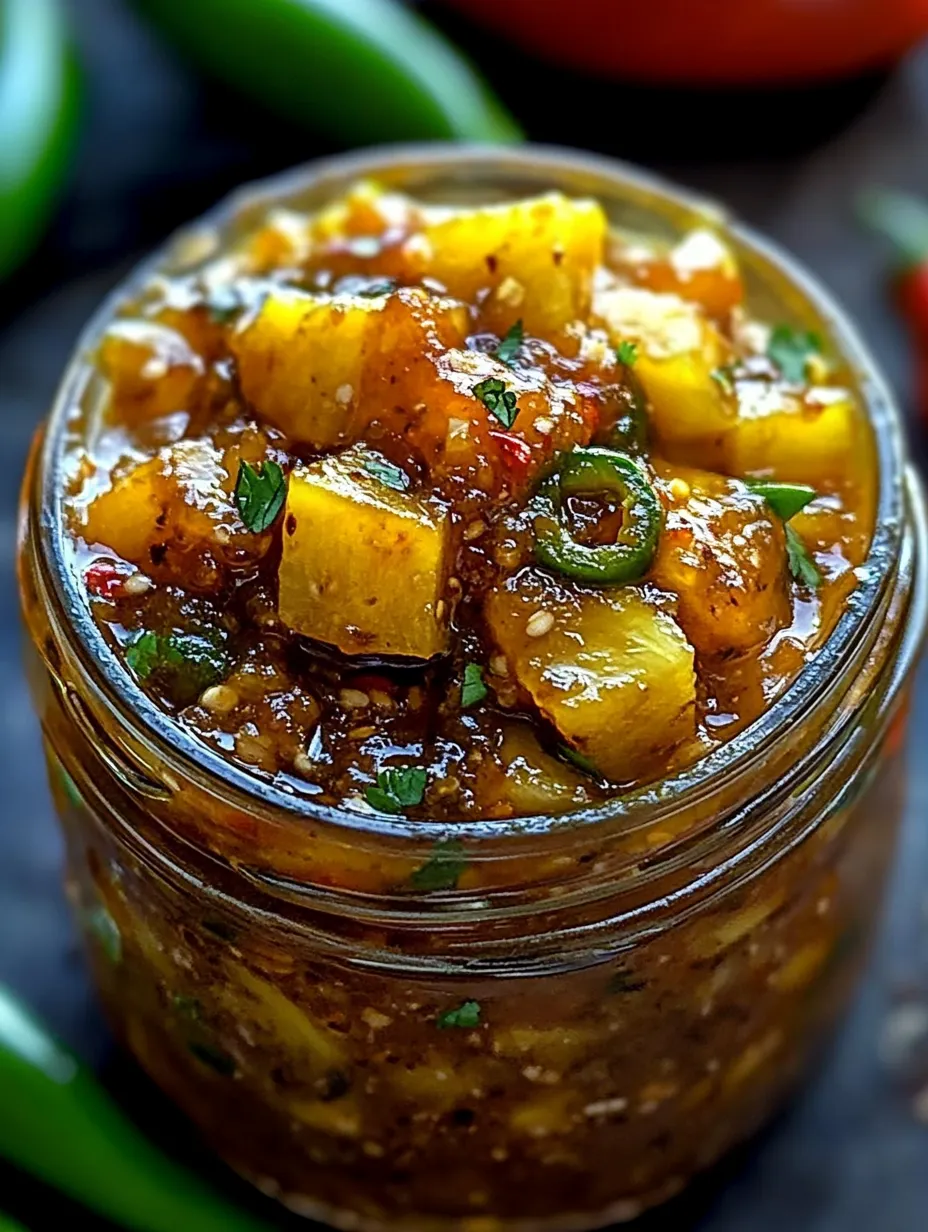 Ein Glas mit würzigem Ananas-Jalapeño-Chutney.