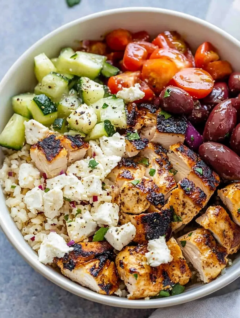 Eine griechische Hähnchen-Quinoa-Bowl mit buntem Gemüse.