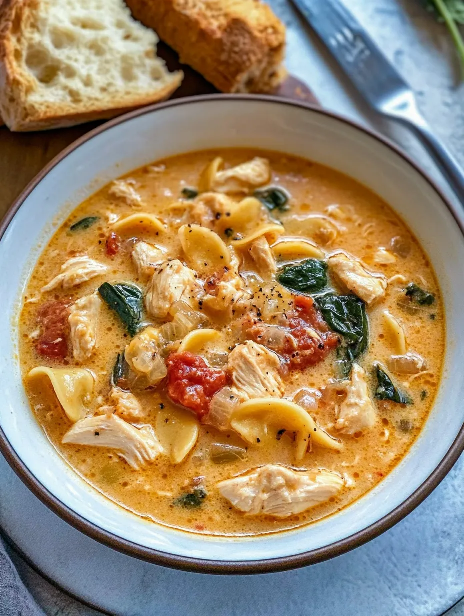 Eine Schale cremige toskanische Hühnersuppe.
