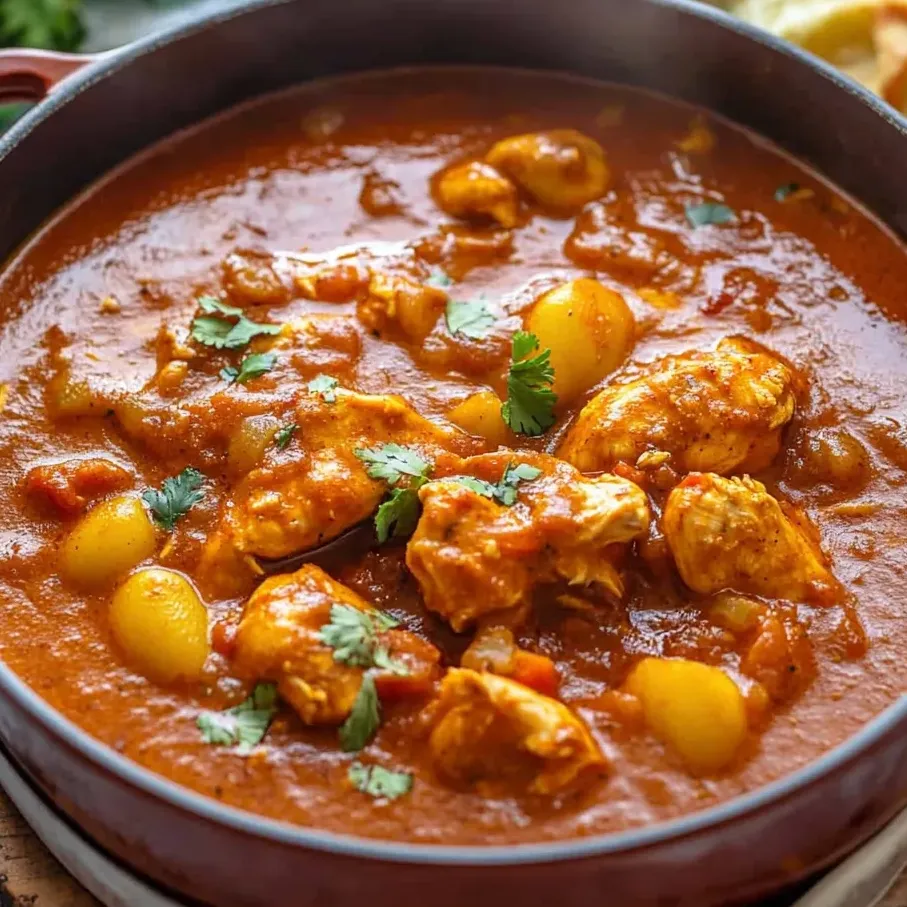 Eine Schüssel mit marokkanischem Huhn-Eintopf und Gewürzen.
