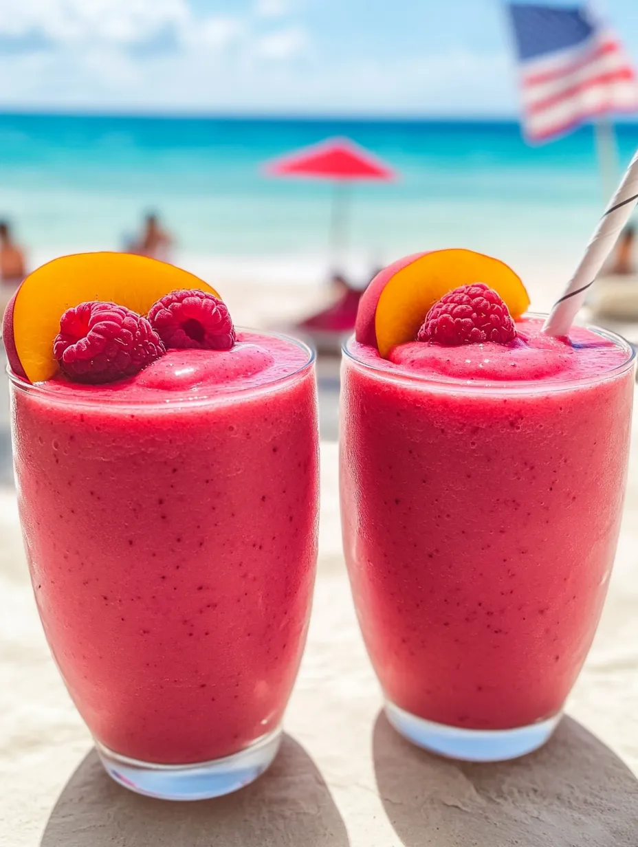 Zwei Gläser voller Himbeer-Pfirsich-Smoothie-Glück.