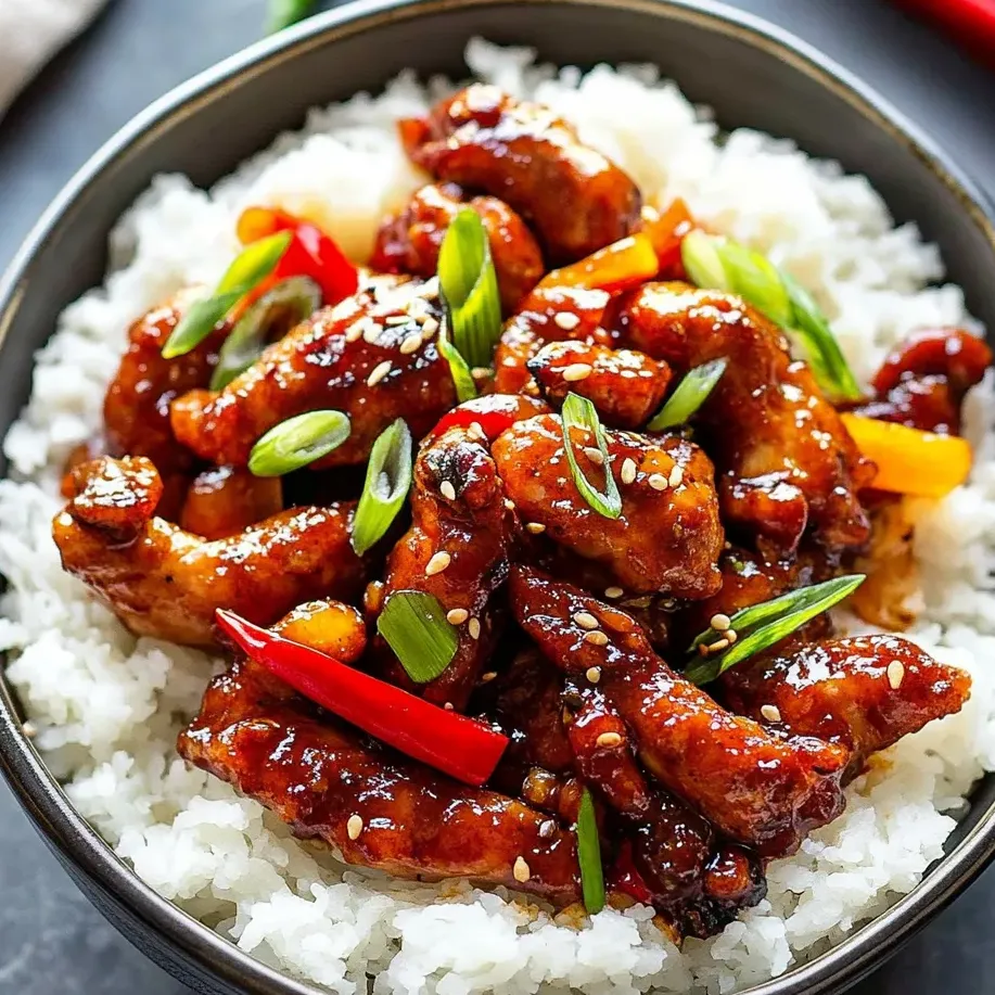 Eine Schüssel Dragon Chicken mit Reis.