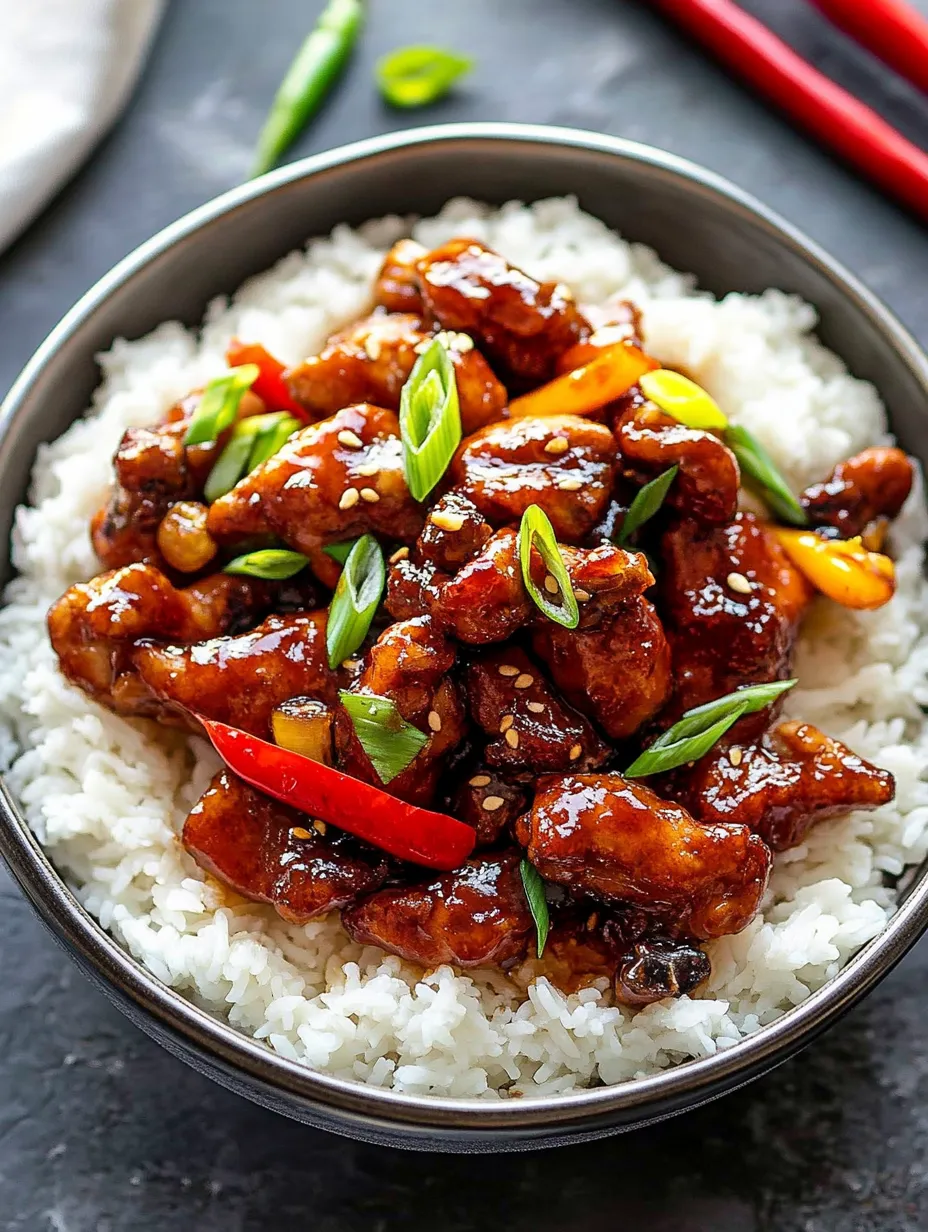 Schale mit Dragon Chicken auf Reis.