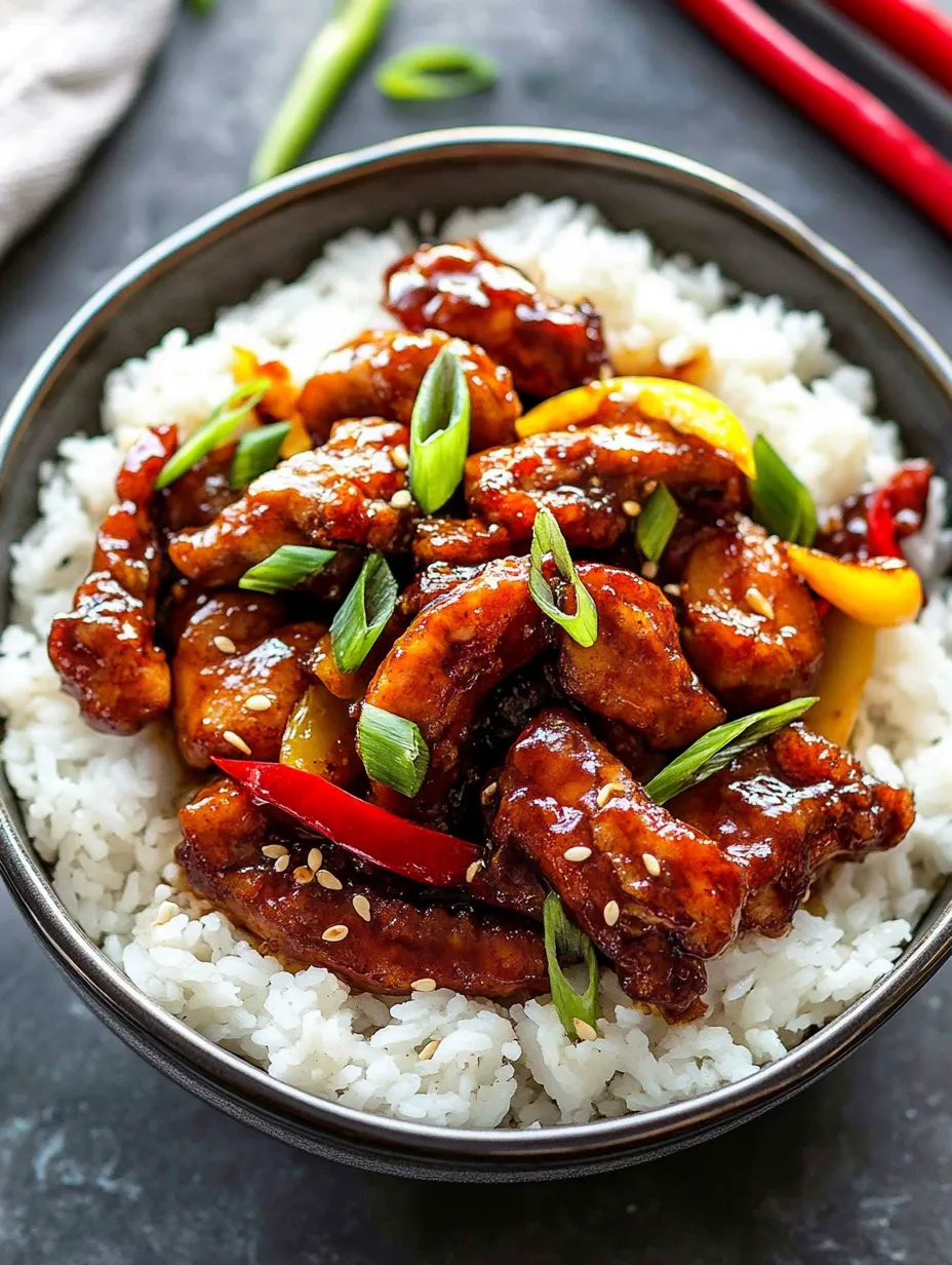 Schale mit Dragon Chicken auf Reis.