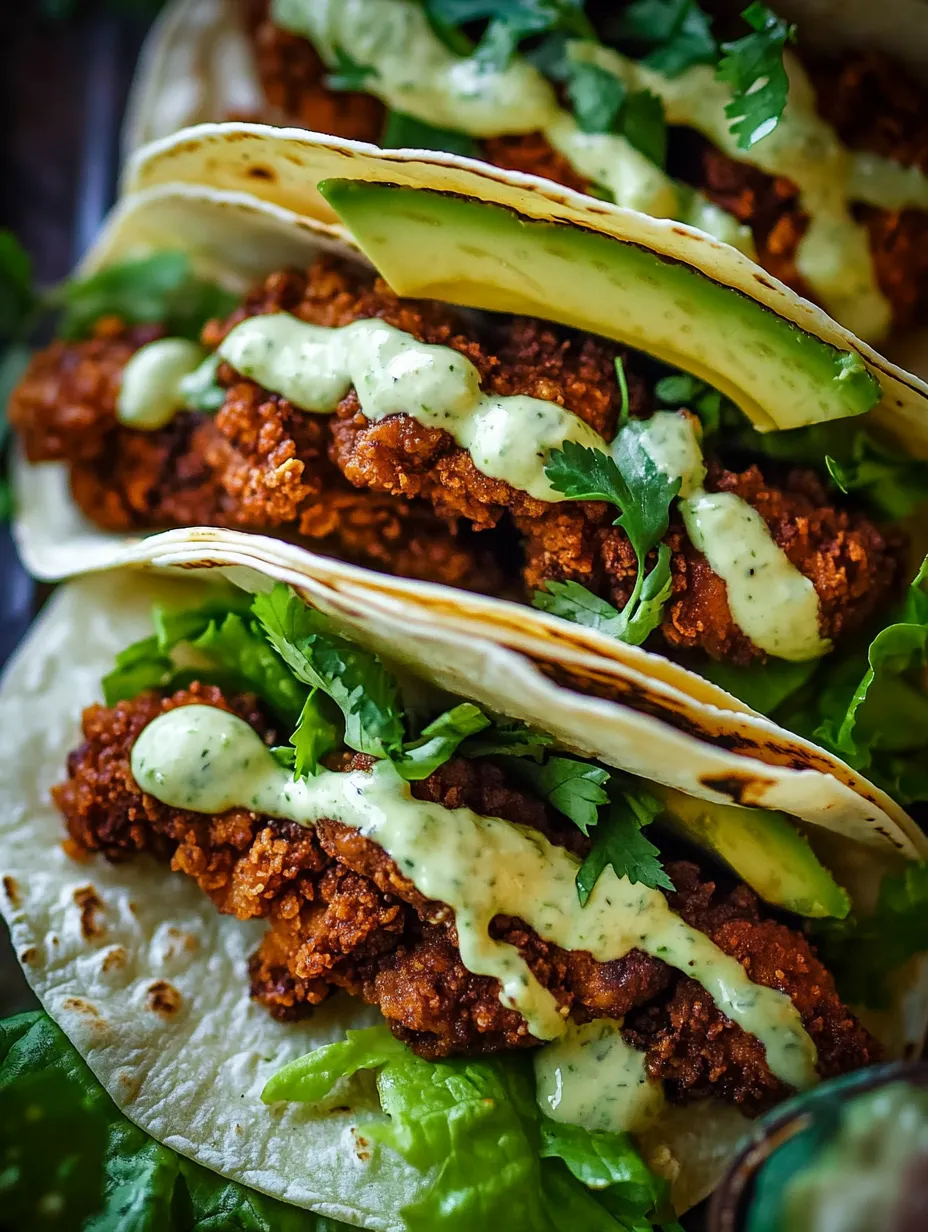 Knusprige Hähnchen-Tacos mit Avocado und Ranch.