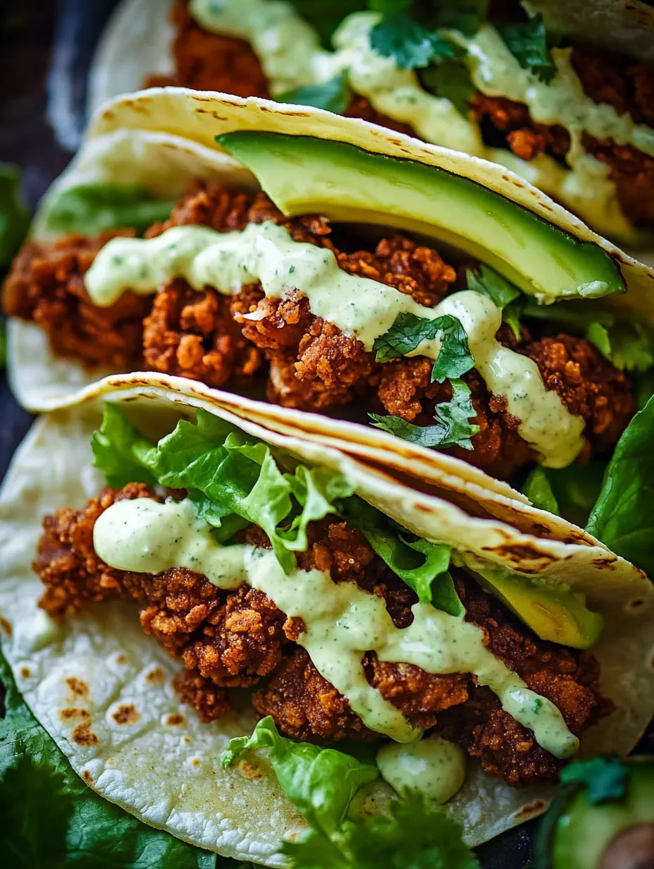 Zwei knusprige Hähnchen-Tacos mit Avocado und Ranch.