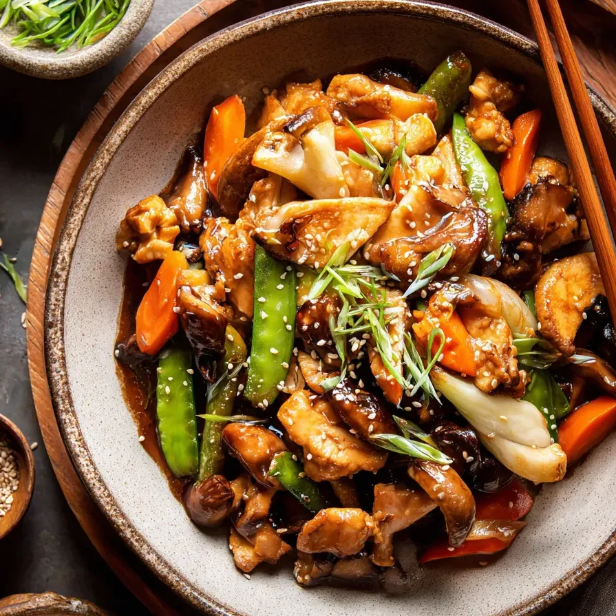 Eine Schale Wok-Gemüse mit Fleisch.