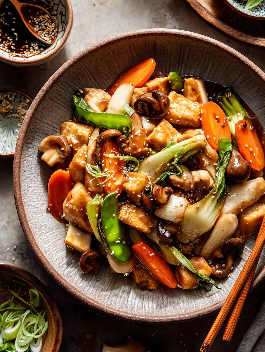 Eine große Schale Wokgemüse mit Pilzen, Karotten und Brokkoli.
