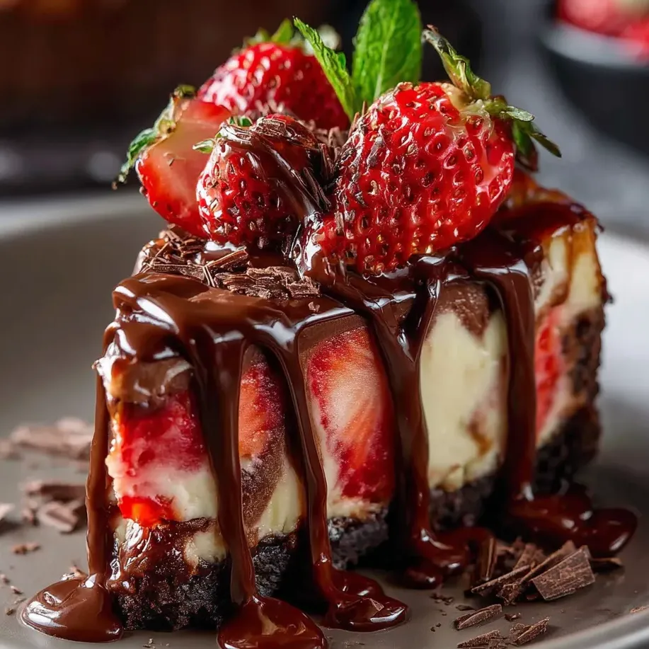Ein Stück Kuchen mit Erdbeeren und Schokoladensauce.