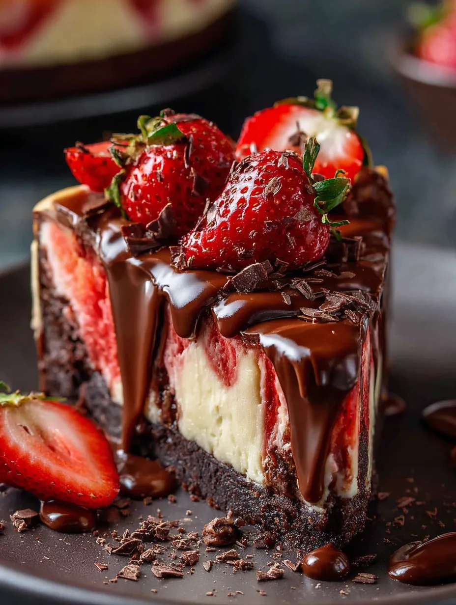 Ein Stück Schokokuchen mit Erdbeeren obendrauf.