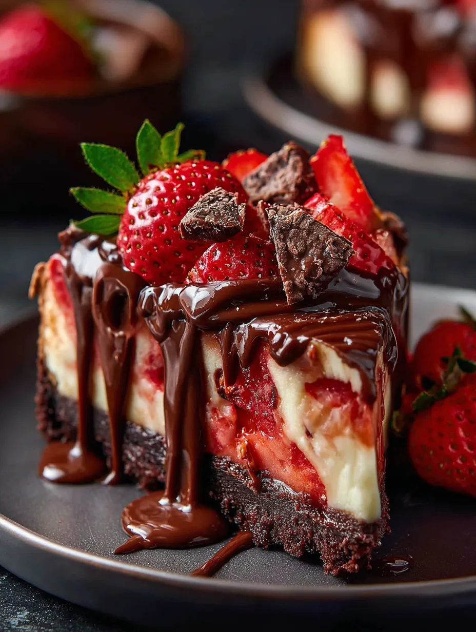 Ein Stück Schokokuchen mit Erdbeeren obendrauf.