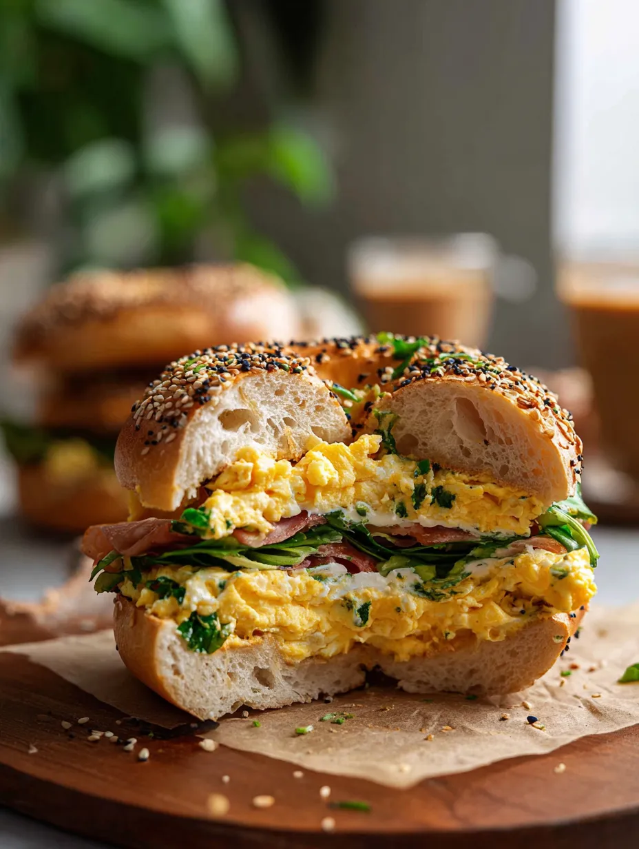 Ein Bagel-Sandwich mit Ei und frischem Spinat.