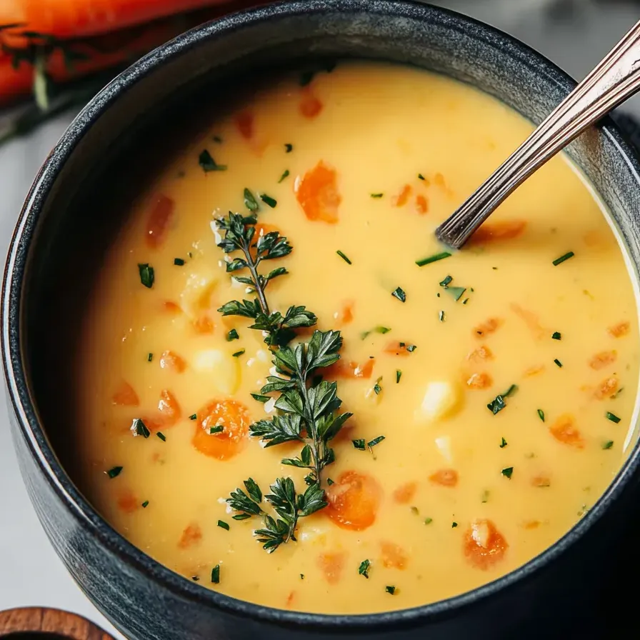 Eine Schale Suppe mit Thymianzweig als Garnitur.