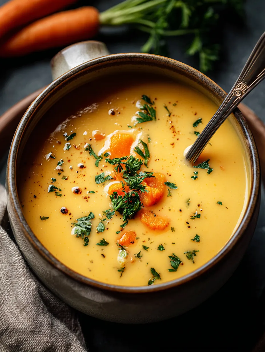 Eine Schüssel Suppe mit Möhren.