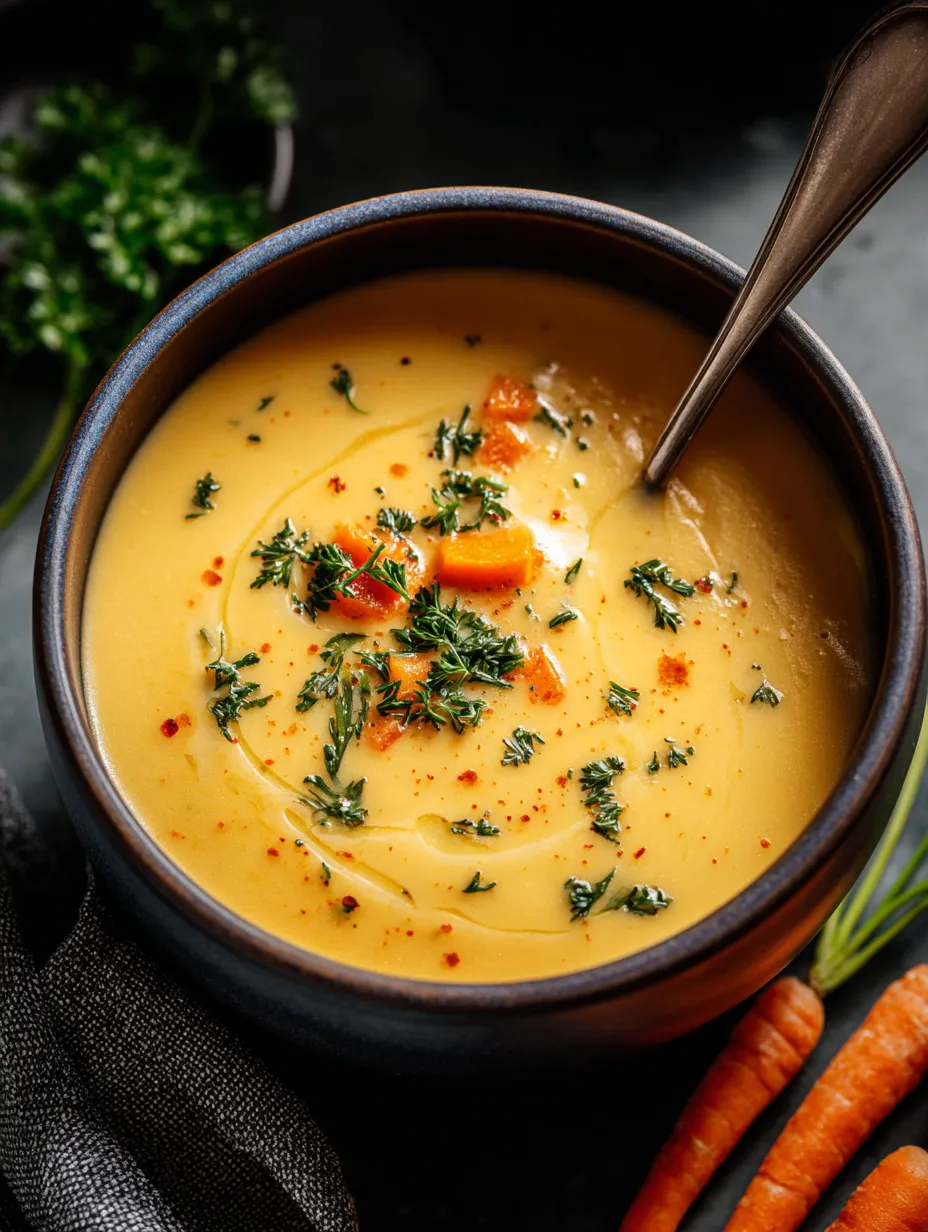 Eine Schüssel Suppe mit Möhren und Petersilie.