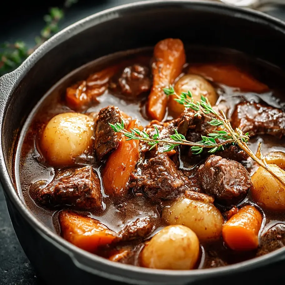 Ein Topf voll Fleisch und Gemüse.