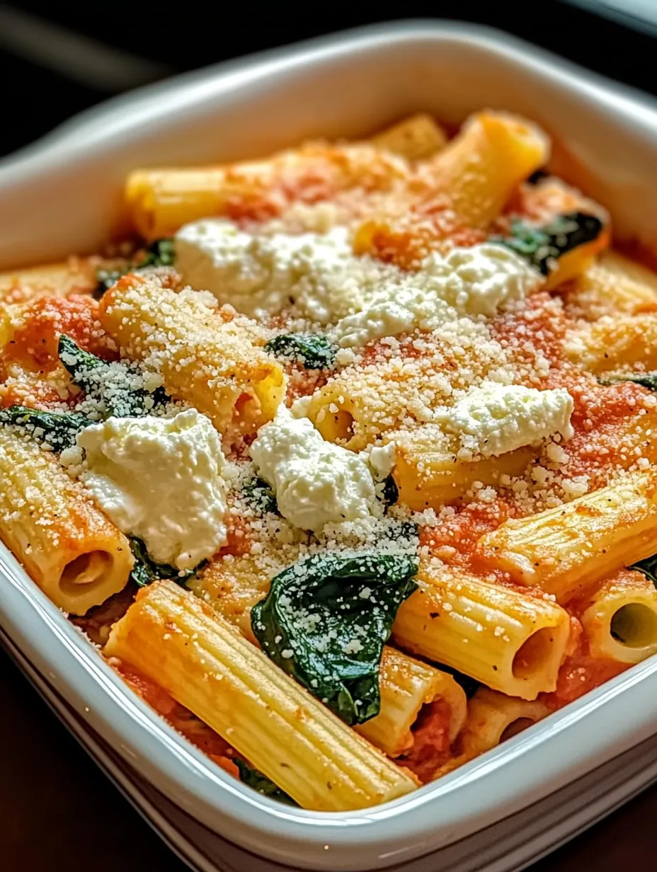 Eine Schüssel Pasta mit weißem Käse und frischem Spinat.