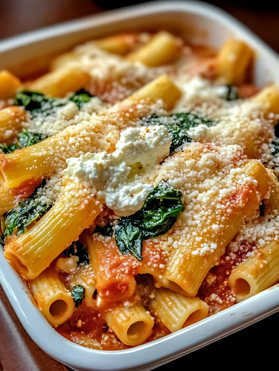 Eine Schüssel Pasta mit weißem Käse und frischem Spinat.