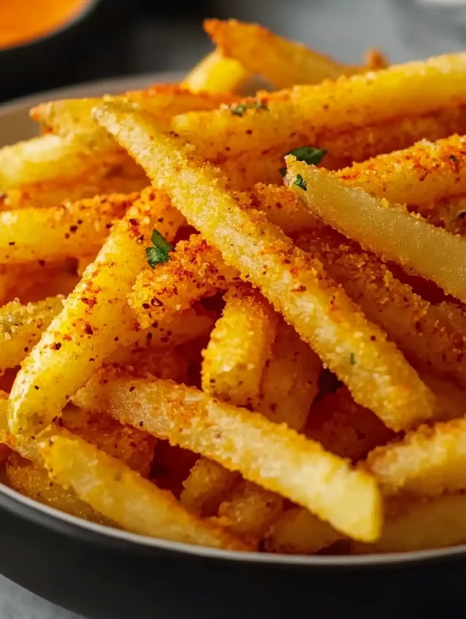 Ein Teller Pommes mit Paprika bestreut.