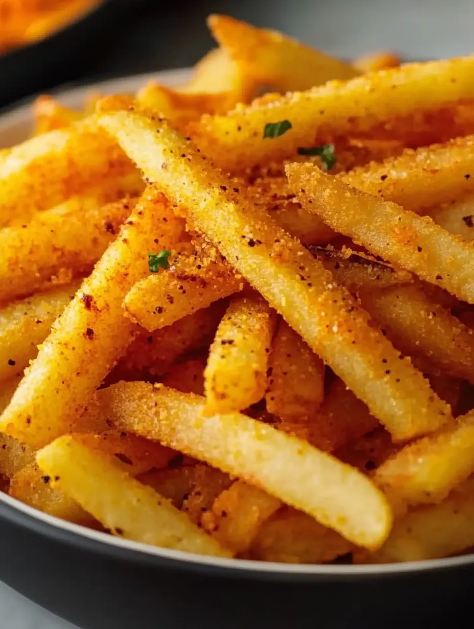 Ein Teller Pommes mit Gewürzen.