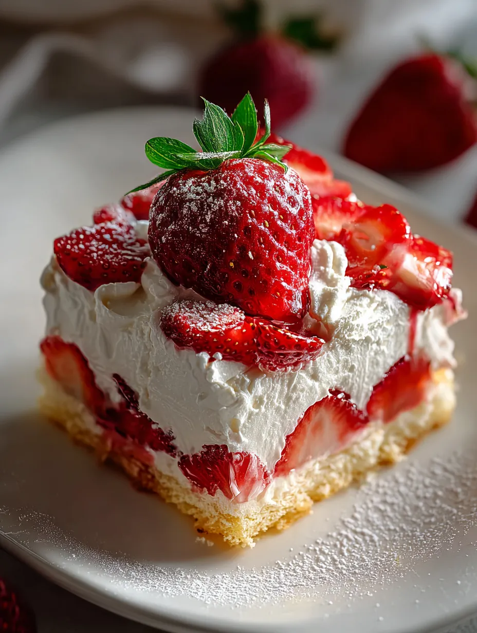 Ein Stück Erdbeerkuchen mit frischer Erdbeere obendrauf.
