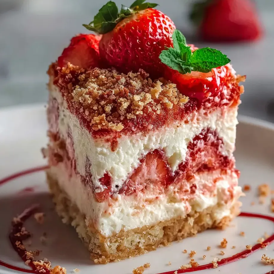 Ein Stück Kuchen, getoppt mit Erdbeeren.