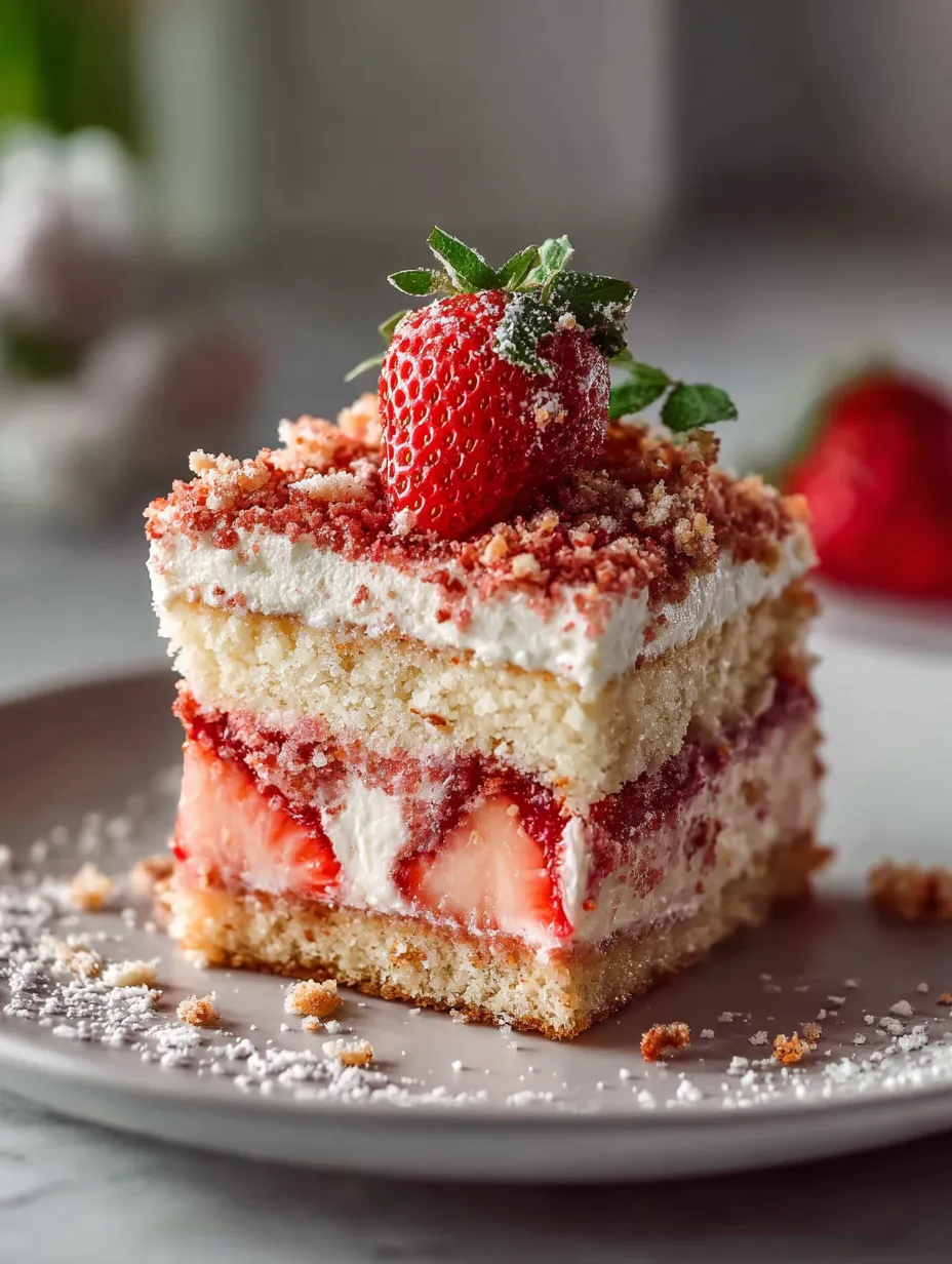 Ein Stück Kuchen mit Erdbeeren oben drauf.