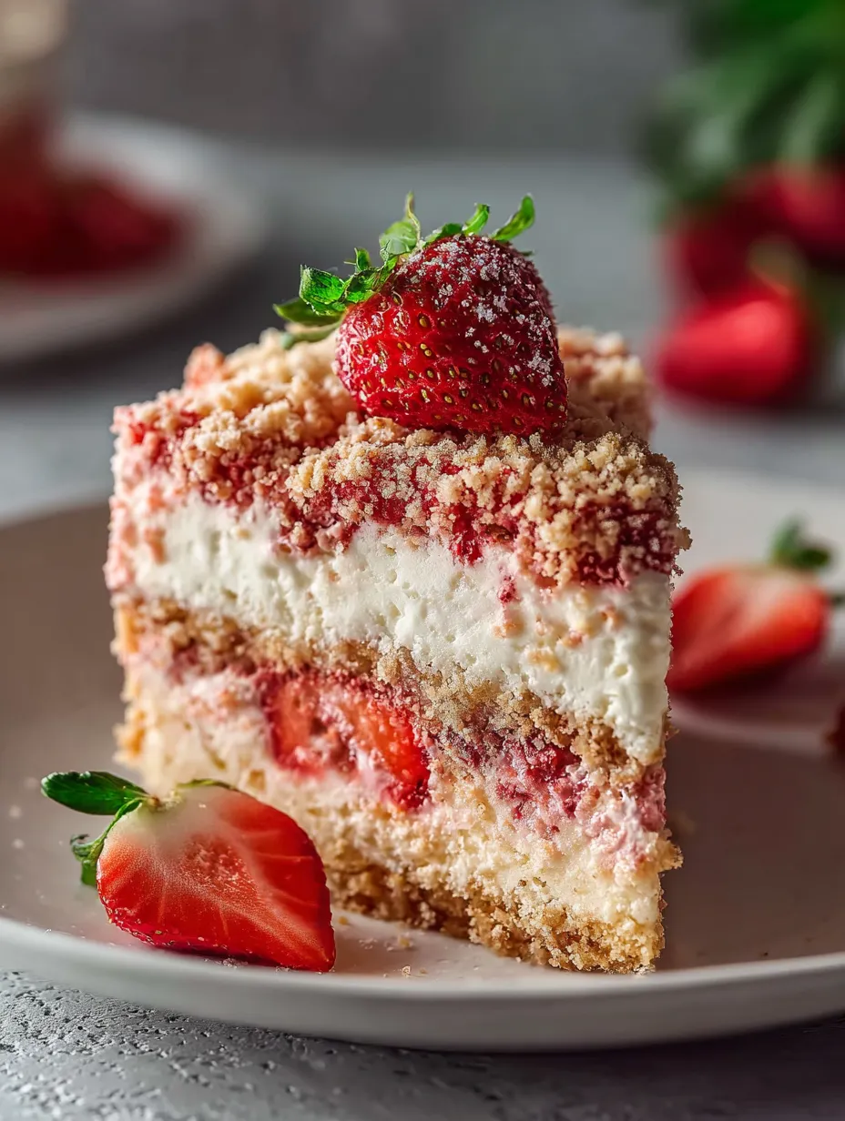 Ein Stück Kuchen mit Erdbeeren oben drauf.