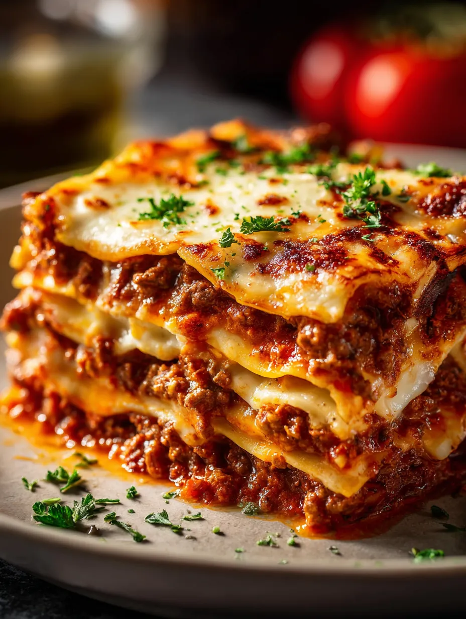 Mehrere Schichten Lasagne mit Käse und Fleischfüllung.