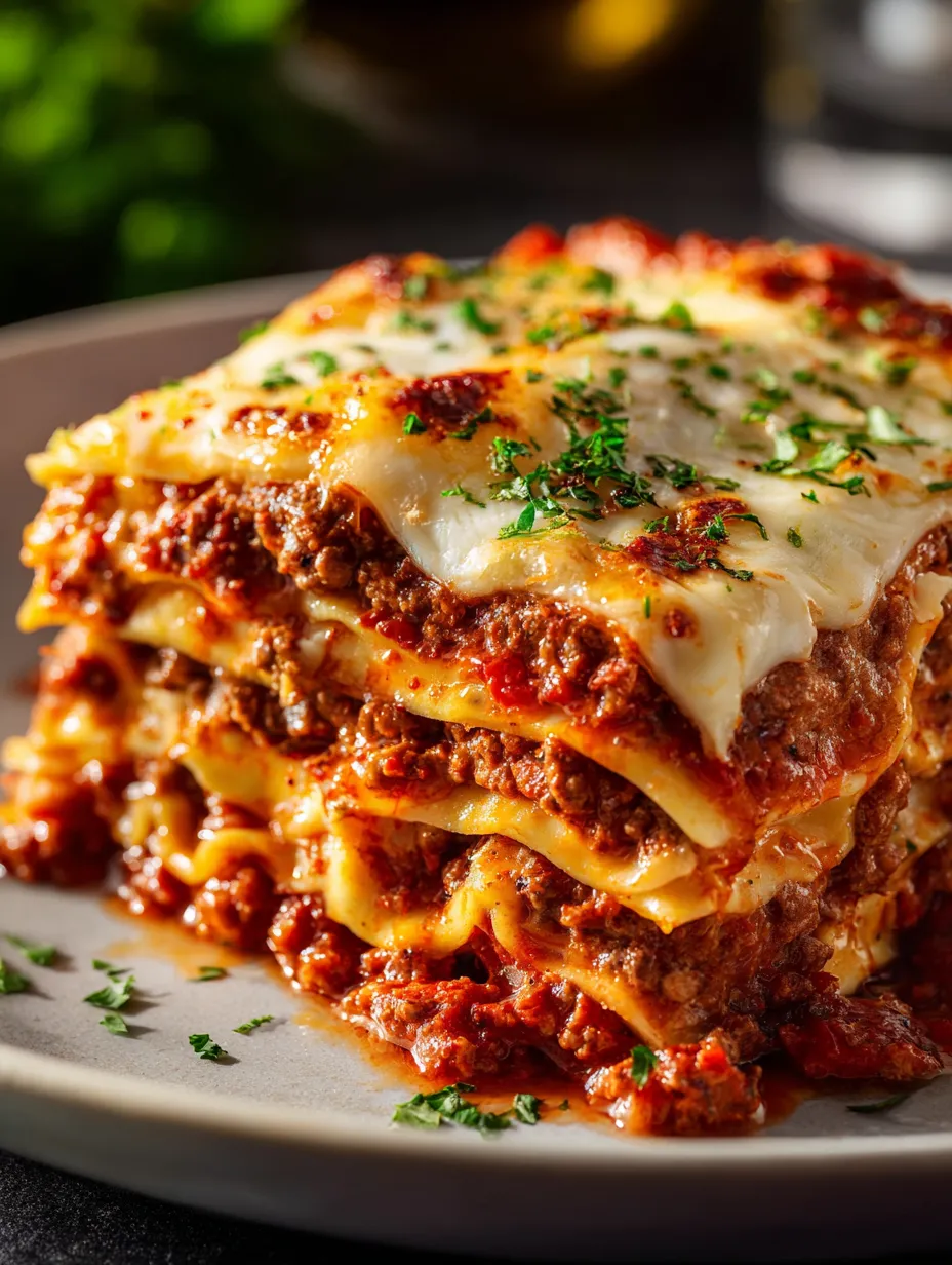 Ein Stück Lasagne mit geschmolzenem Käse und Kräutern.