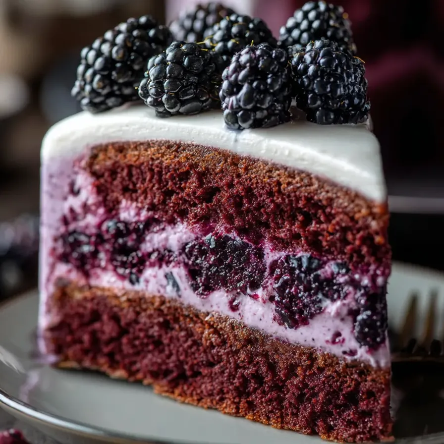 Ein Stück roter Samtkuchen mit Brombeeren obendrauf.