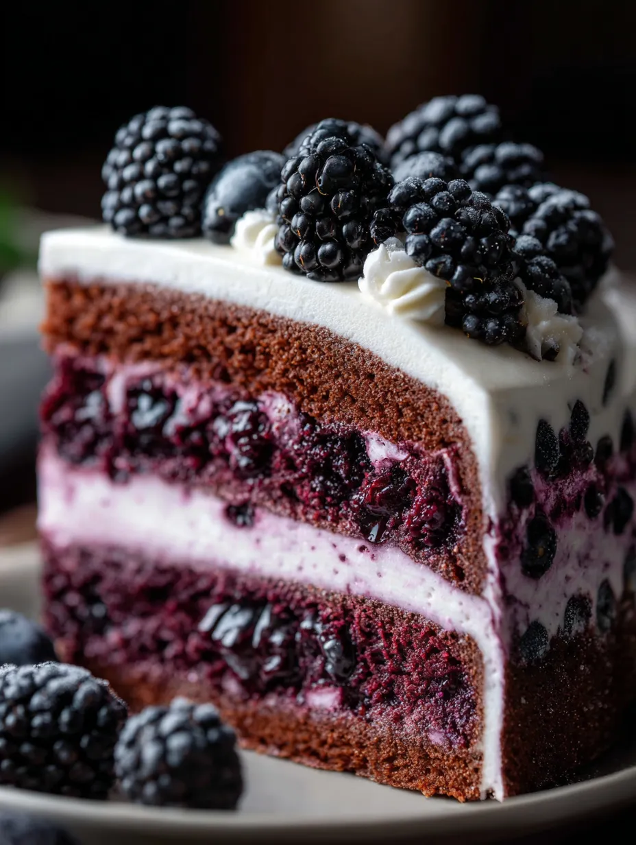 Ein Stück Schokokuchen mit Brombeeren dekoriert.