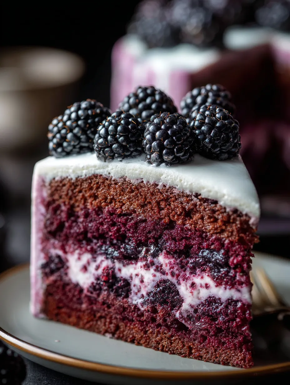 Ein Stück Schokokuchen mit Brombeeren dekoriert.