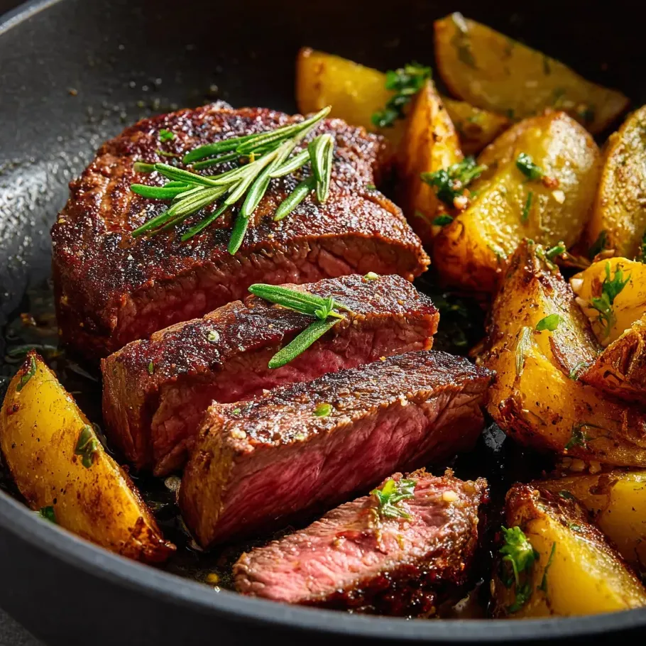 Eine Schale mit Steak und Kartoffeln.