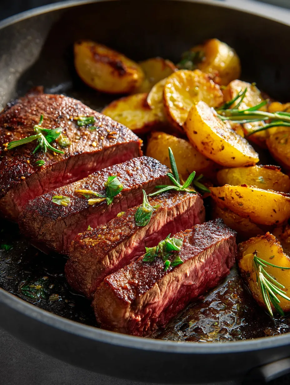 Eine Pfanne mit Fleisch und Kartoffeln.